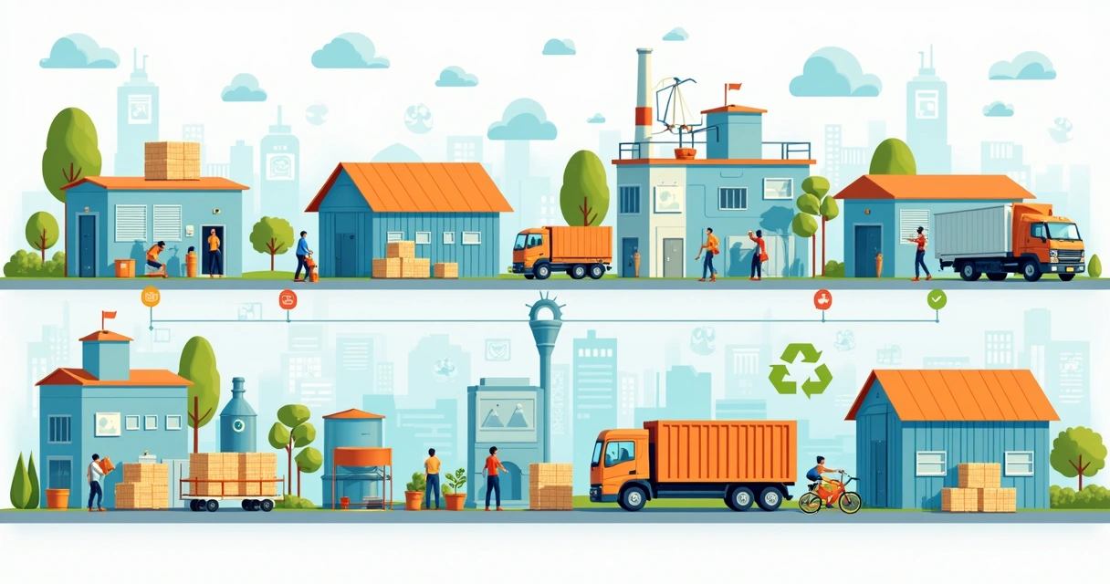 Vários elos da cadeia de reciclagem reunidos em sequência, como cooperativas, depósitos e transporte, mostrando a passagem do plástico 