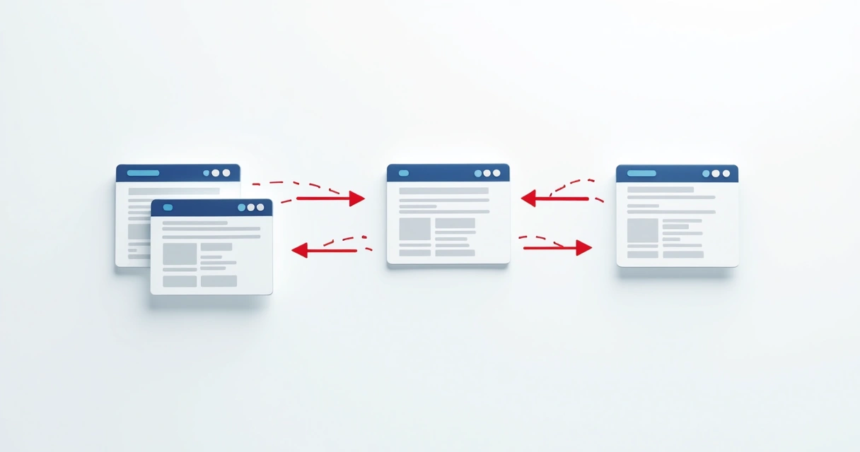Diagrama ilustrando uma cadeia de redirecionamento entre páginas web 