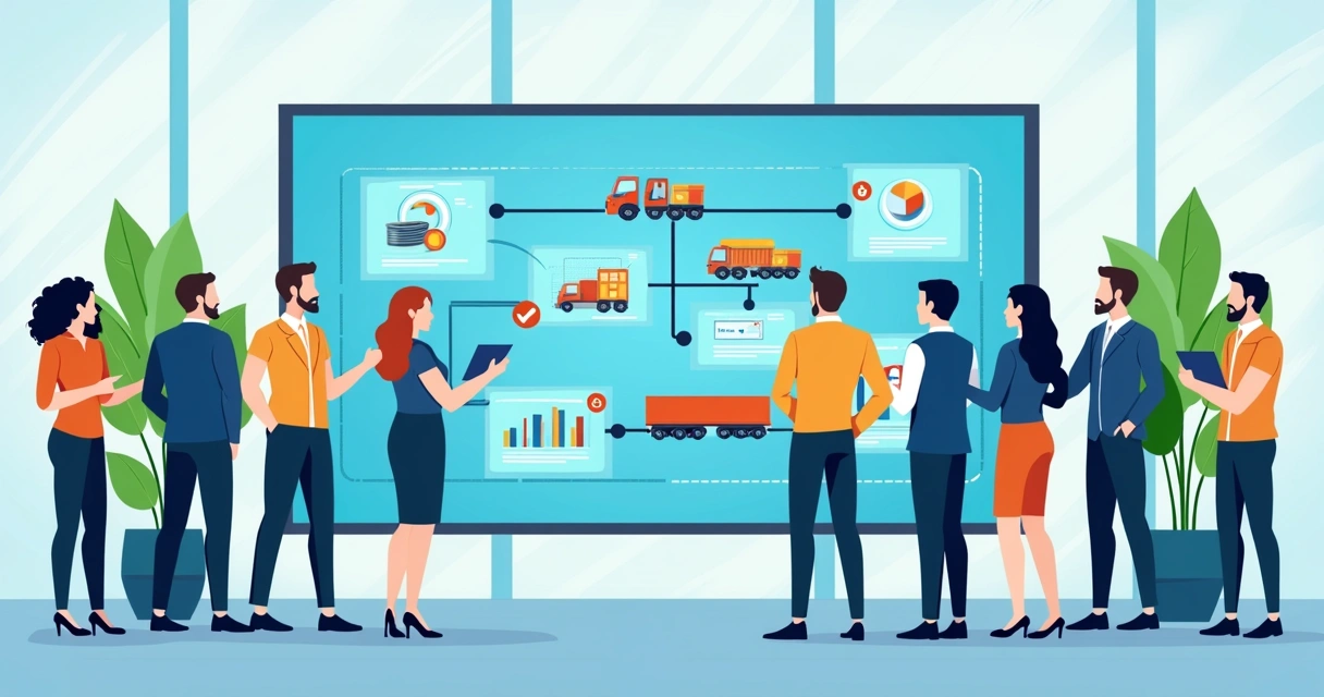 Equipe discute integração da cadeia de suprimentos usando um grande painel digital
