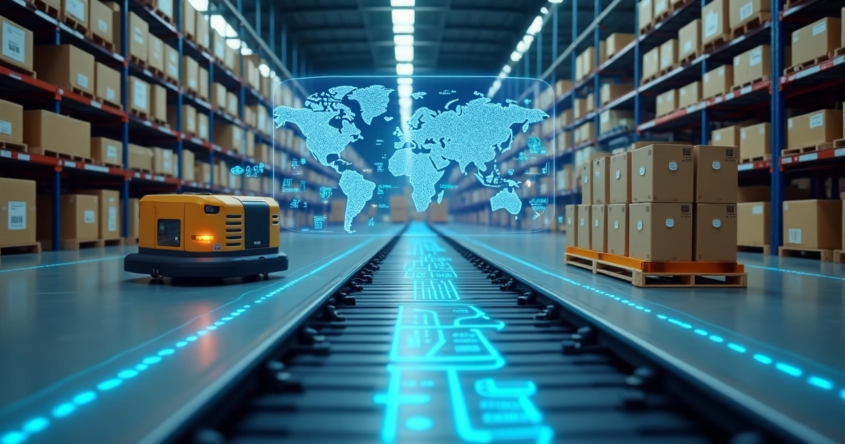 Linha de montagem conectada com sensores IoT e painel digital de IA ao fundo 