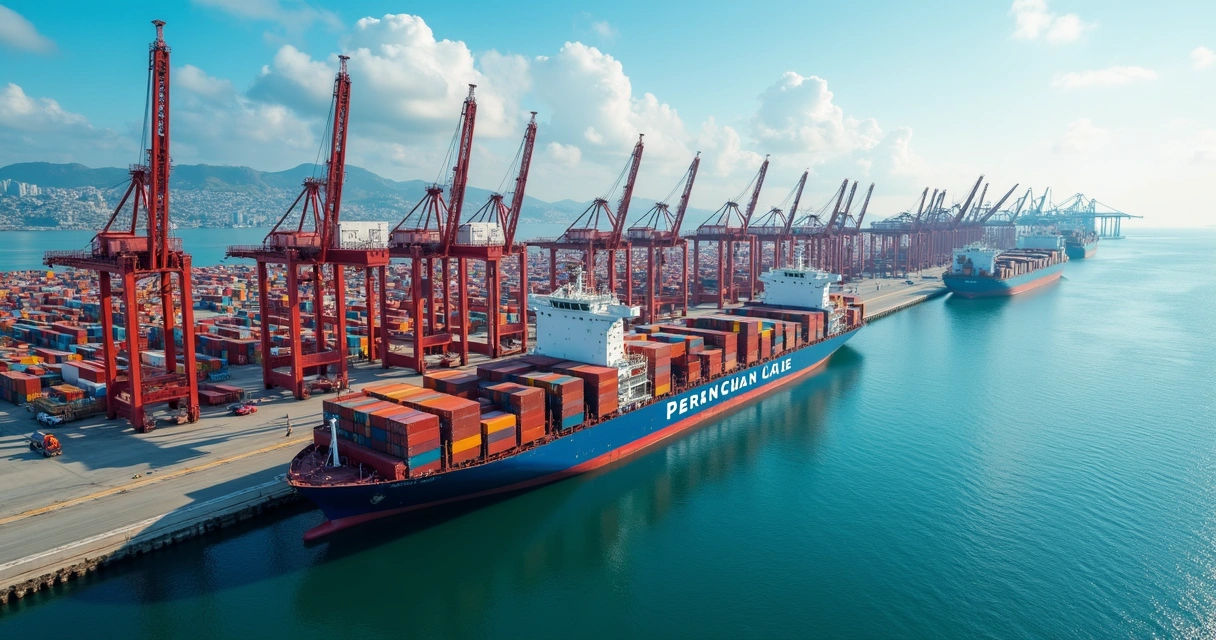Containers em porto com gráfico econômico 