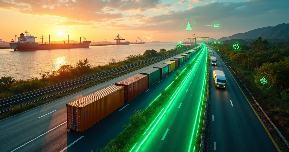 Containers formando corrente de suprimentos sobre trilha verde sustentável 