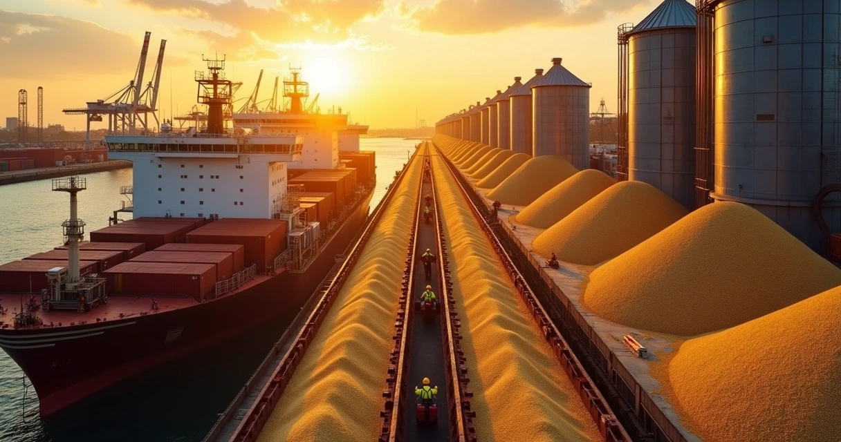 Grãos em esteiras transportadoras de um porto, com navios ao fundo.