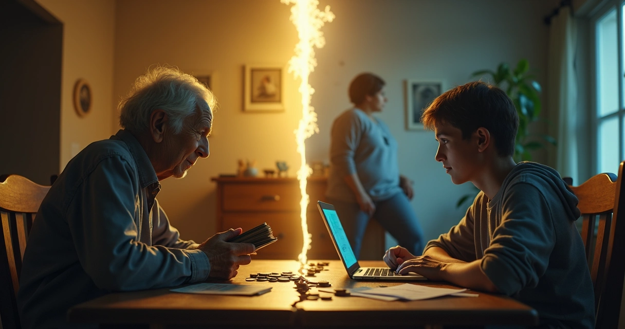 Três gerações de família separadas por fenda iluminada em pilhas de moedas 