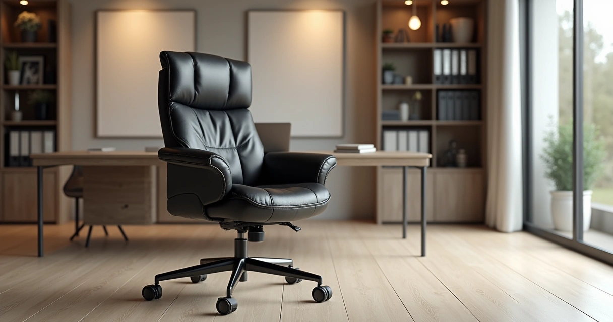 Cadeira ergonômica de couro preta em sala de escritório elegante 