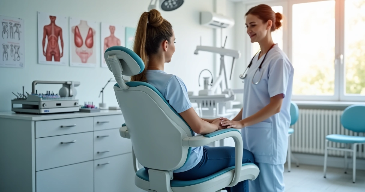 Cadeira ergonômica de consultório ajustada por profissional da saúde 