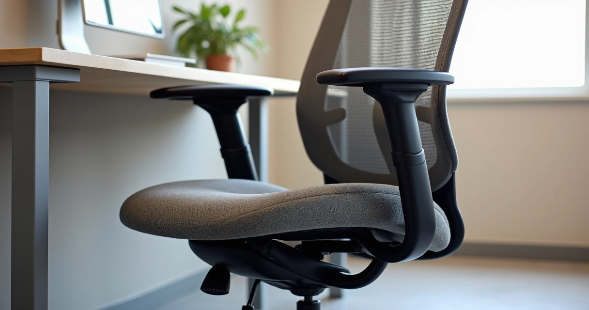 Detalhe da cadeira ergonômica DT3 com tecido mesh e braços ajustáveis 