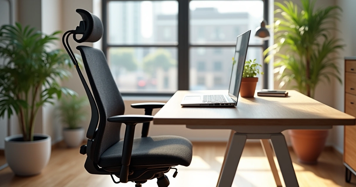 Cadeira ergonômica com apoio lombar ao lado de mesa de trabalho moderna 