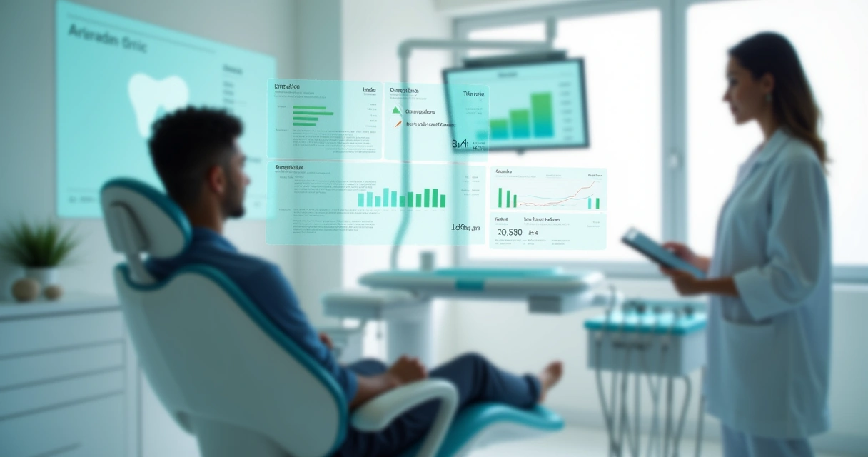 Cadeira odontológica ocupada com painéis digitais exibindo agenda e resultados da clínica 