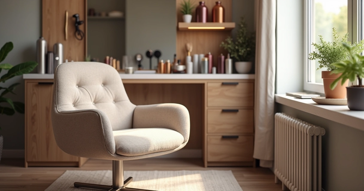 Cadeira de salão de beleza moderna com espelho e ferramentas de cabeleireiro