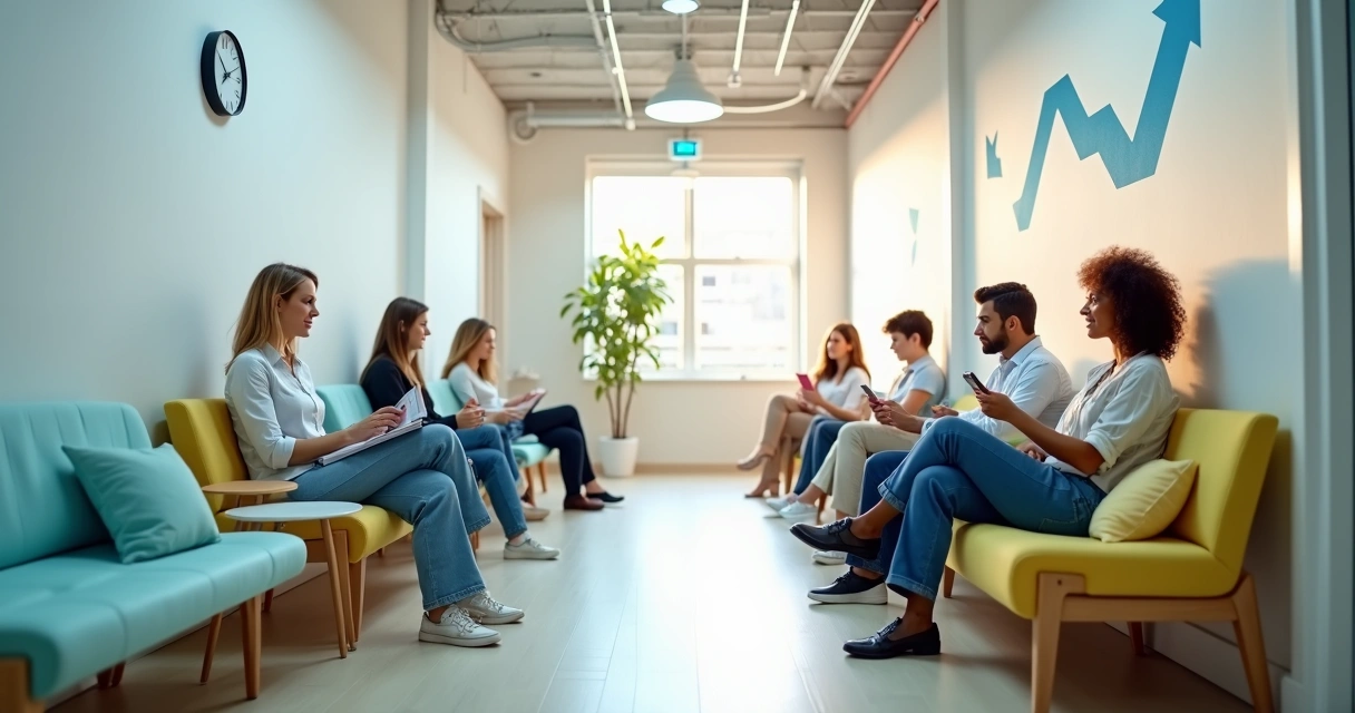 Vista dupla de cadeiras de espera vazias e depois cheias em clínica odontológica 