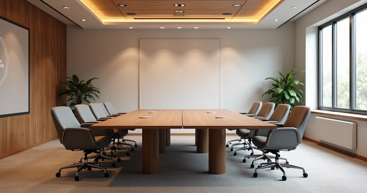 Cadeiras ergonômicas em volta de mesa de reunião moderna 