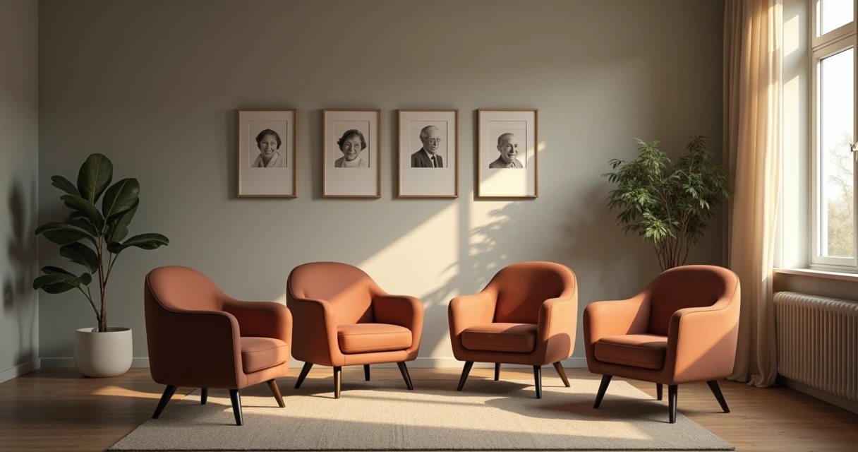 Cadeiras vazias em sala iluminada com retratos de família ao fundo