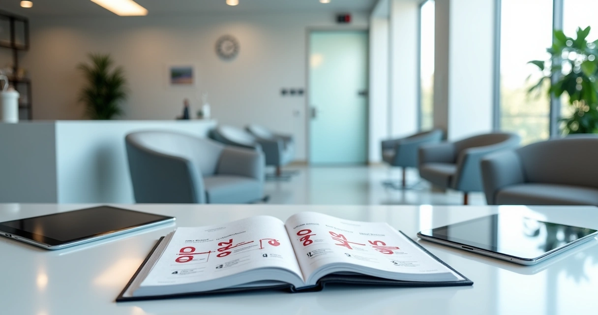 Sala de espera odontológica moderna com cadeiras vazias e fichas de pacientes ausentes sobre o balcão 