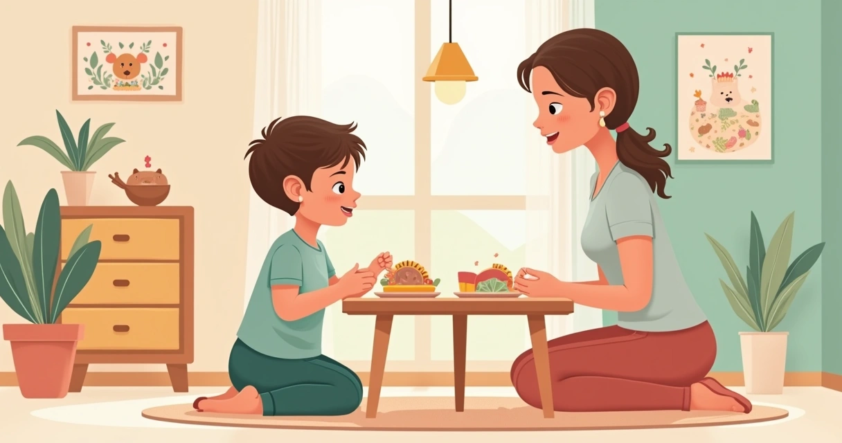 Cadeirinha de alimentação para bebê com bandeja removível e ambiente aconchegante, mostrando mãe e bebê.