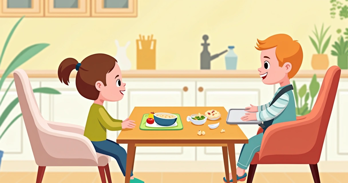 Uma cena acolhedora de uma cadeirinha de bebê ajustável junto à mesa de jantar, com bandeja removível e alimentos.