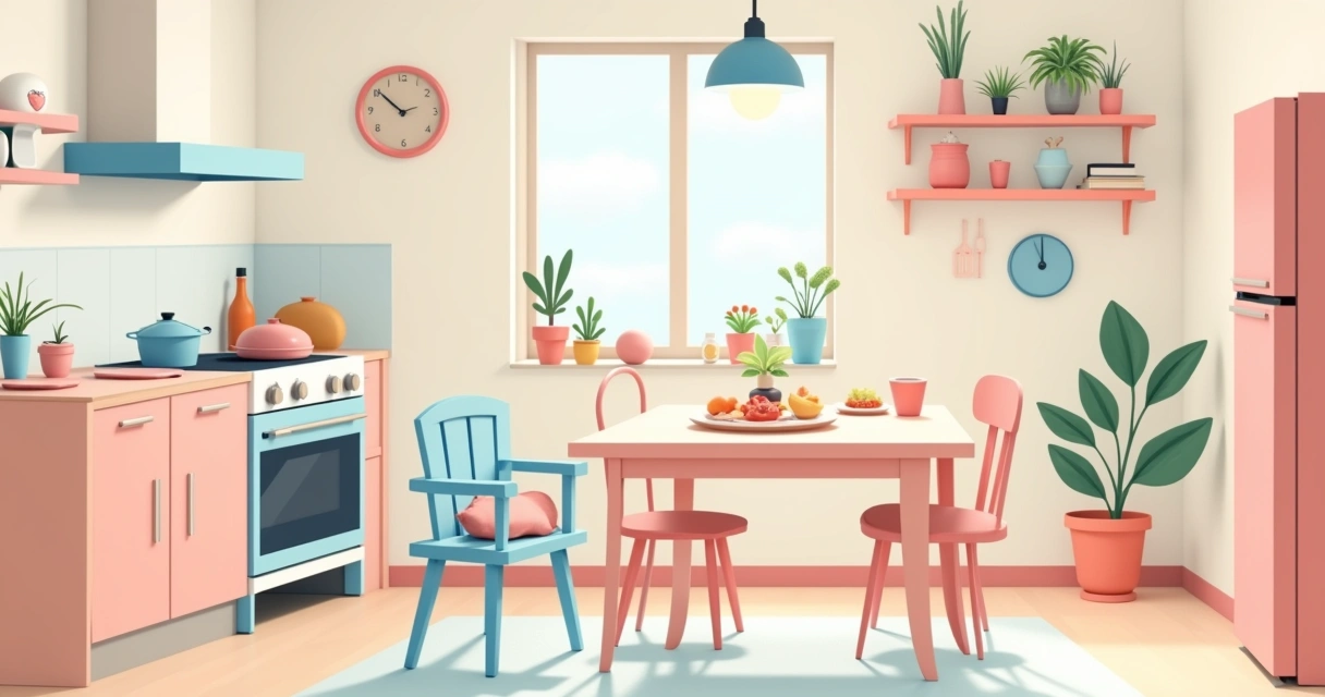 Ilustração de uma cadeirinha de alimentação para bebê em uma cozinha iluminada, com alimentos saudáveis e decoração moderna.