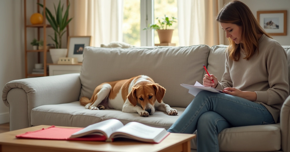 Tutora observando cadela no sofá e anotando sinais do cio 