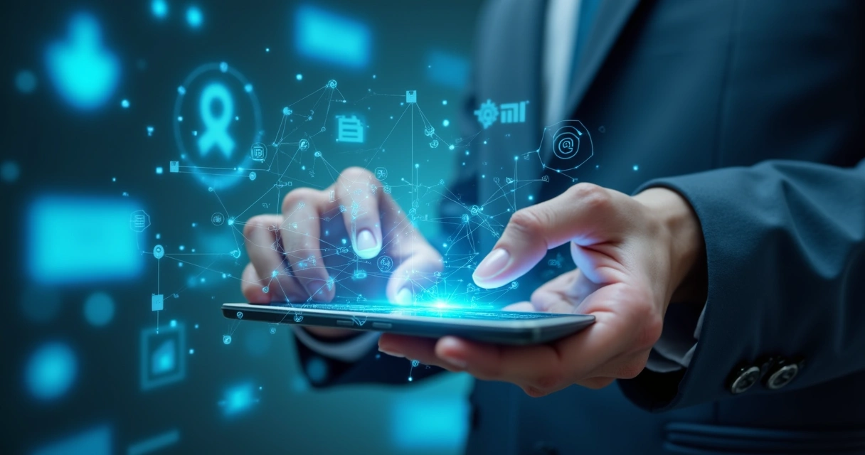 Manos humanas manipulando dispositivos conectados, flujos de datos abstractos que desvanecen al fondo 