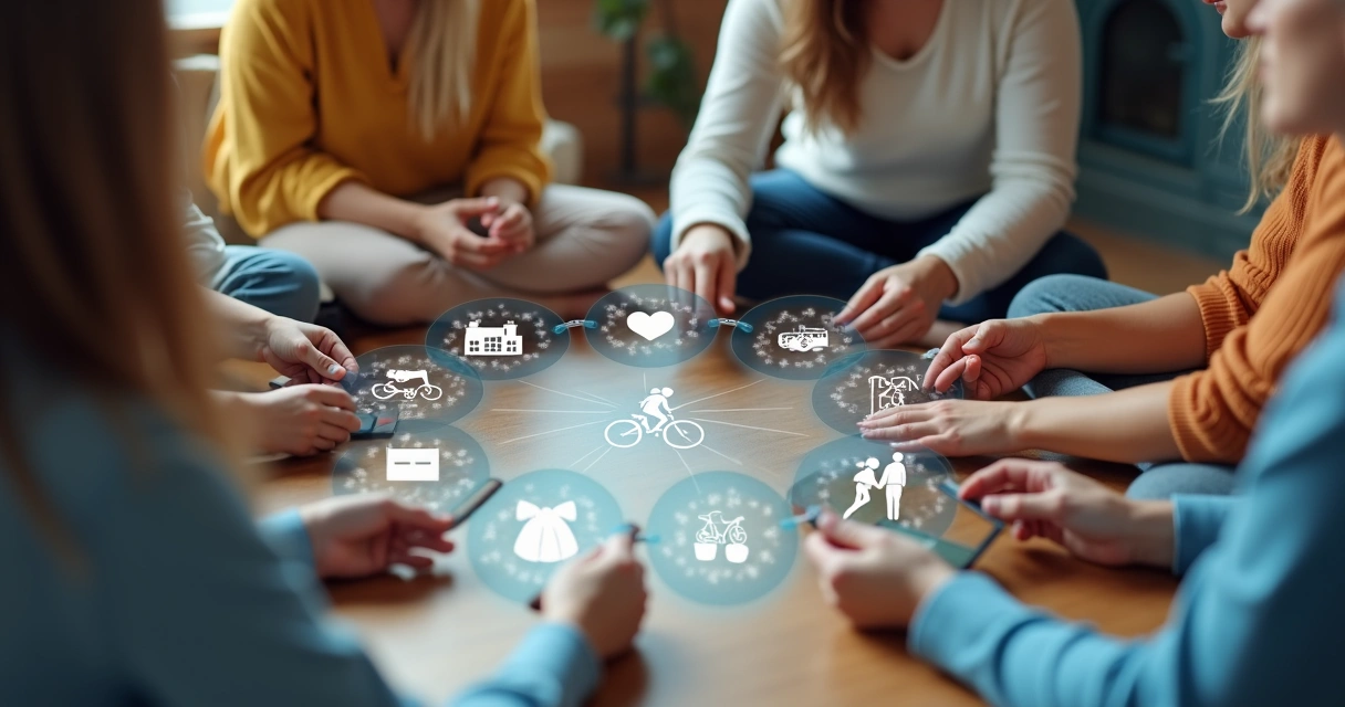 Personas enlazadas creando una cadena de favores digitalmente 