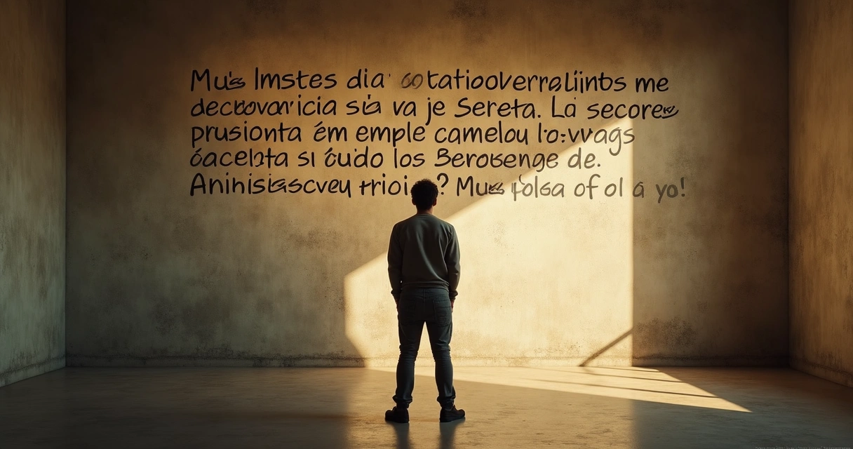 Muro con frases heredadas y persona observándolo en silencio 