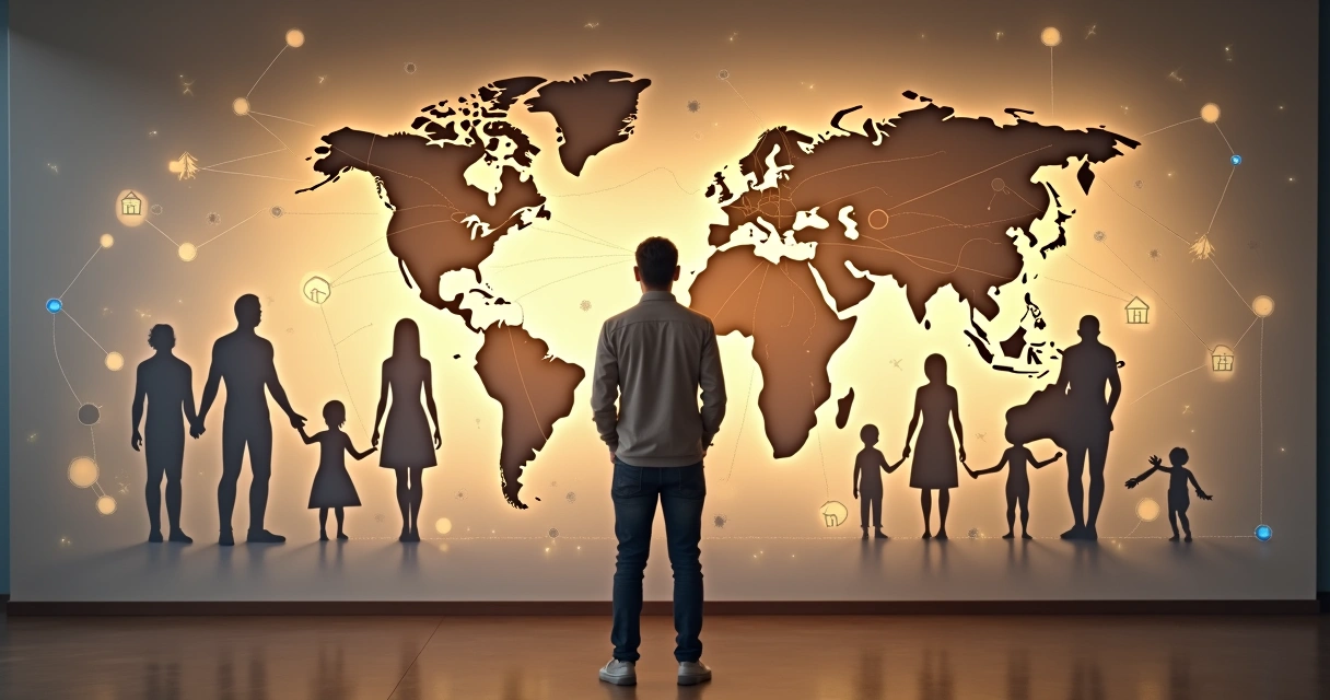 Persona observando un mural de siluetas conectadas por cadenas luminosas 