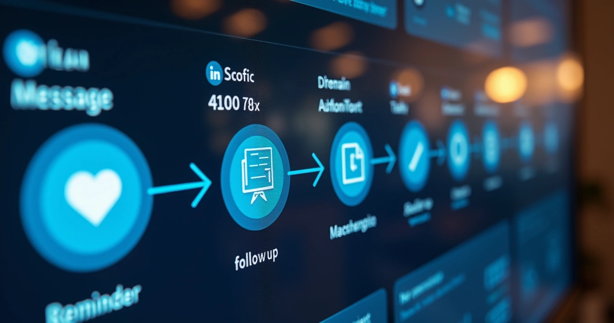 Fluxo visual de cadência automática no LinkedIn ilustrando mensagens em diferentes etapas 
