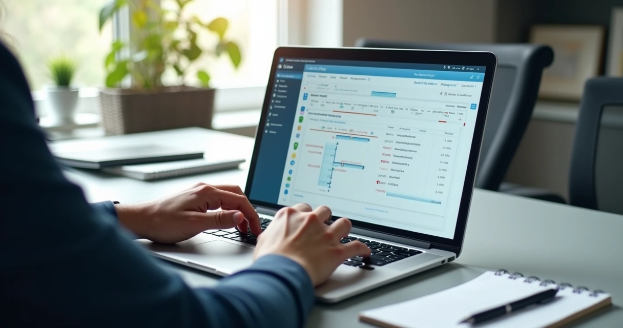 Profissional analisando cadência de e-mails em notebook