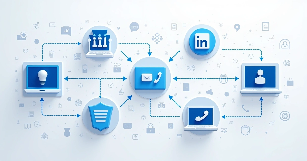 Fluxo visual interligando Sales Navigator, CRM e LinkedIn para prospecção B2B 