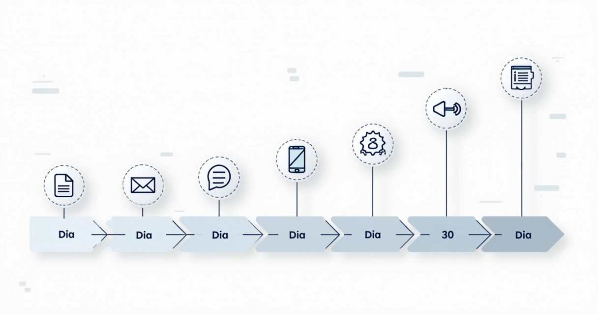 Linha do tempo com ícones de e-mail, telefone e LinkedIn em sequência de contatos 
