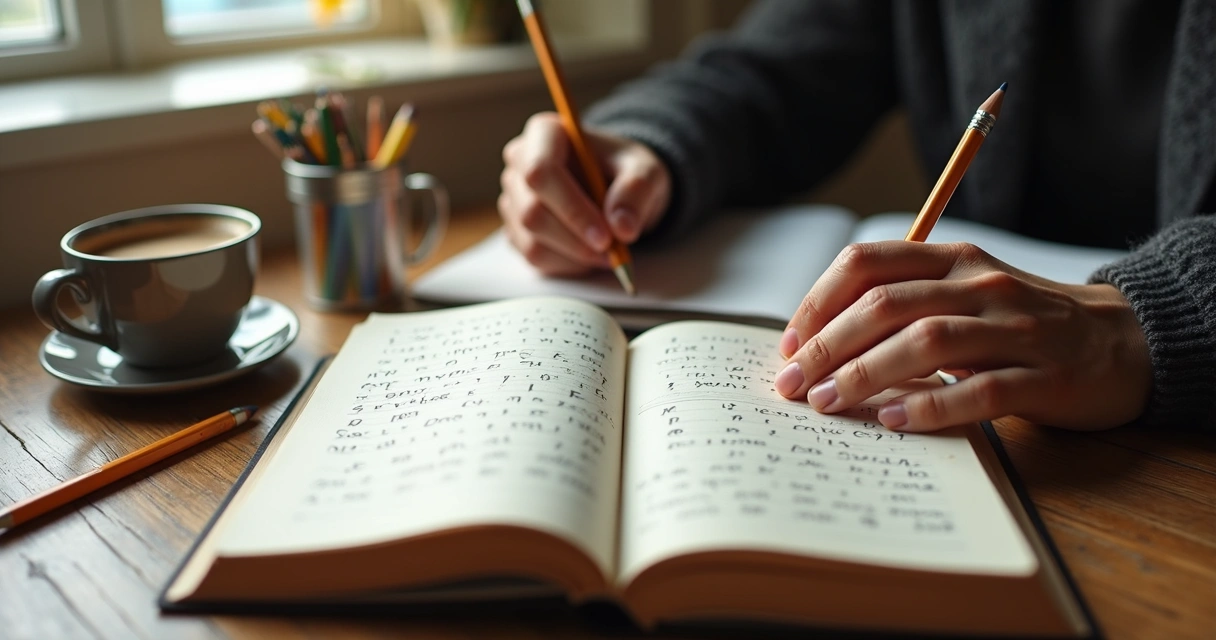 Pessoa resolvendo anagramas em um caderno com lápis 