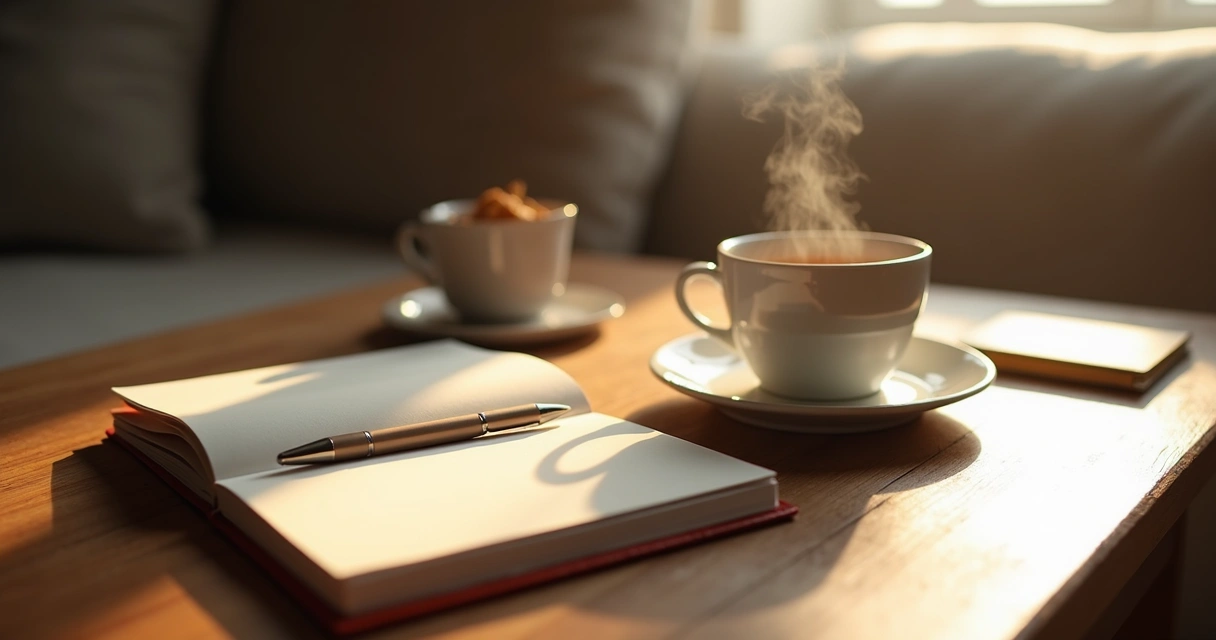 Caderno de anotações aberto ao lado de uma xícara de chá 