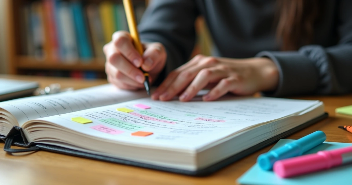 Caderno aberto mostrando anotações coloridas, post-its e canetas espalhadas