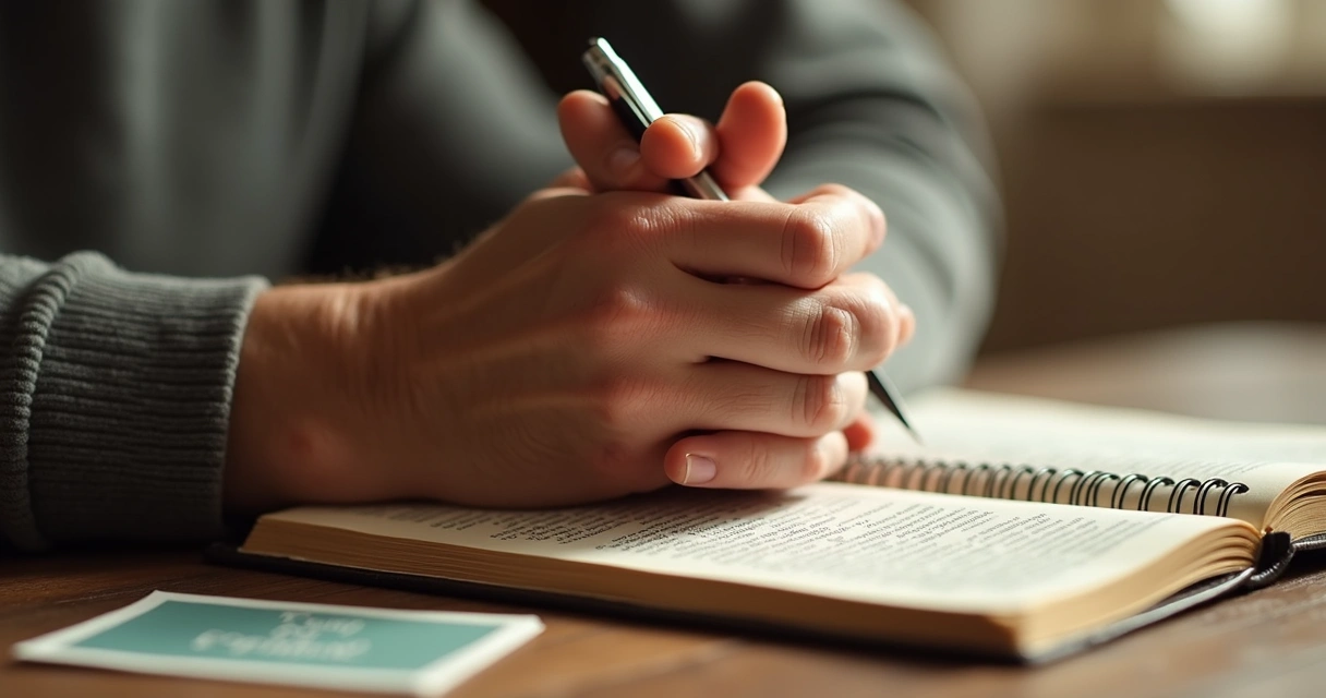 Pessoa com caderno de anotações e mãos em oração.