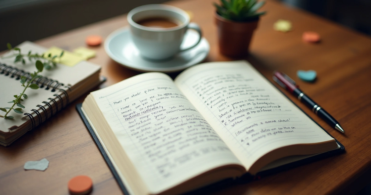 Caderno aberto com anotações sobre emoções, cercado por caneta e xícara