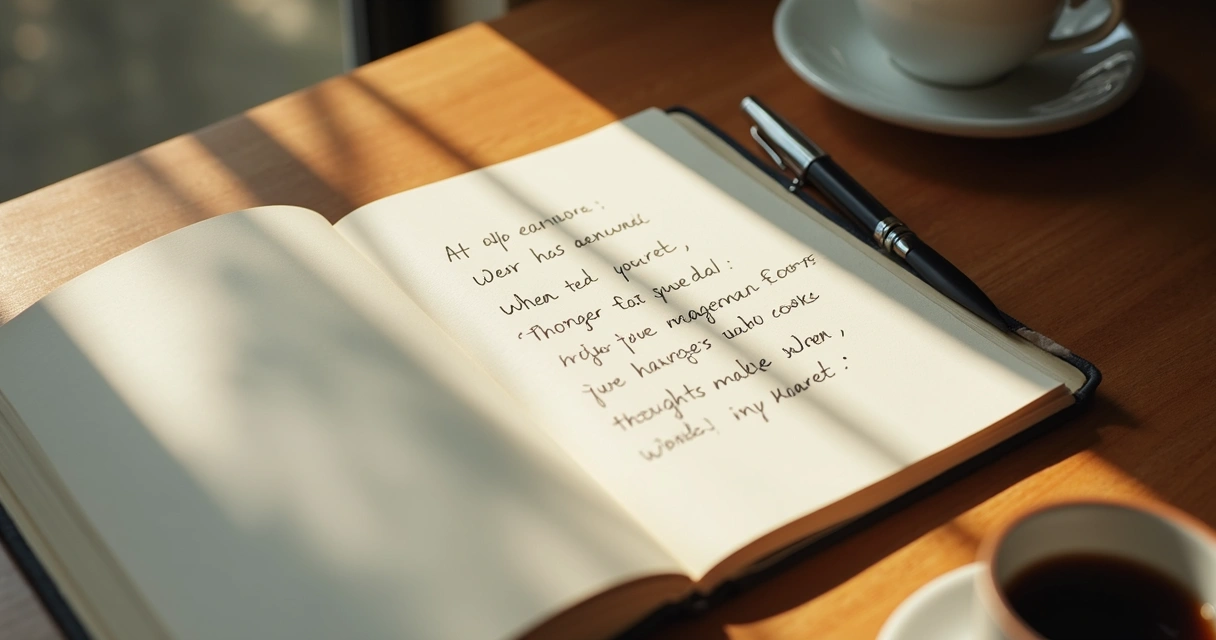 Caderno aberto com anotações sobre emoções, caneta ao lado 