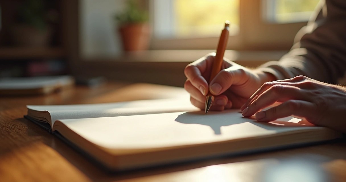 Mãos escrevem reflexões em um caderno aberto 