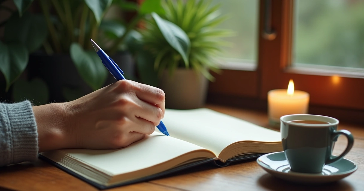 Caderno de anotações aberto ao lado de uma xícara e vela, com alguém escrevendo em ambiente calmo.
