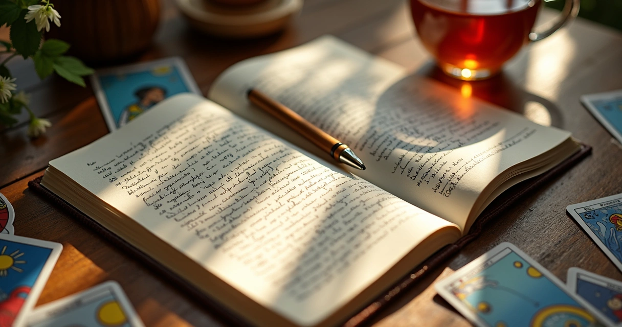 Caderno aberto com anotações manuscritas e cartas de tarot ao redor 