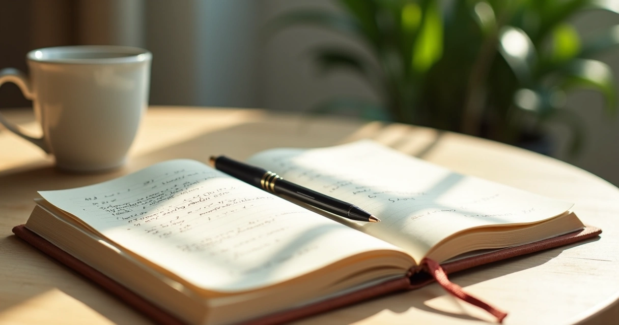 Caderno aberto com anotações escritas à mão e uma caneta ao lado sobre mesa de madeira clara 