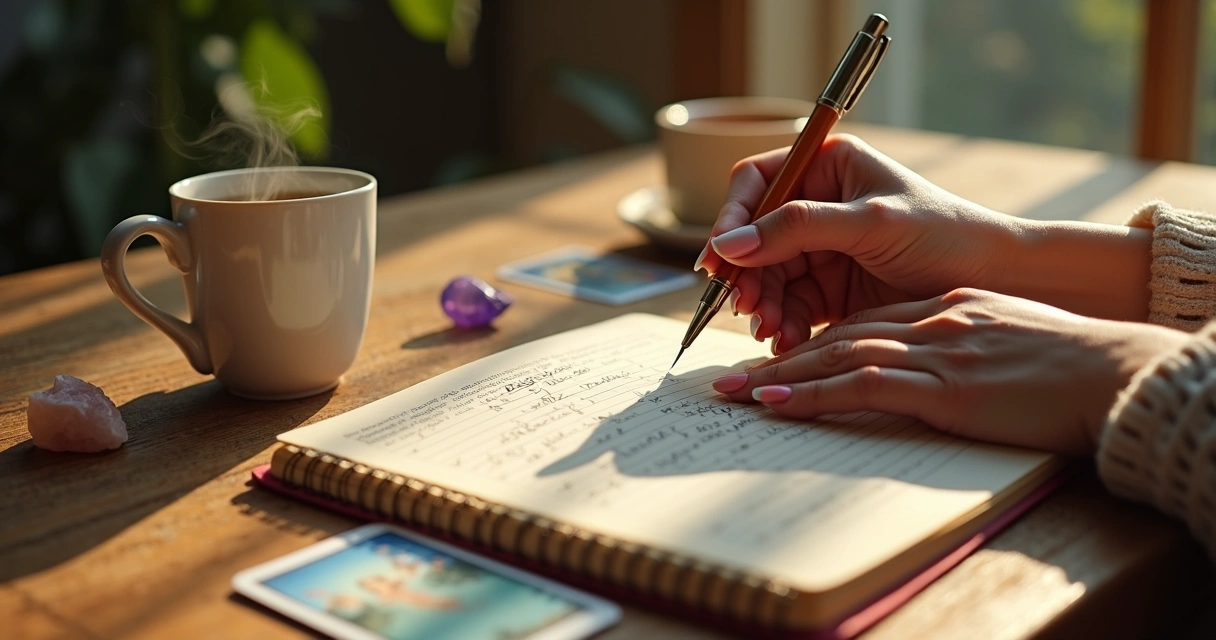 Mãos femininas escrevendo em caderno com cartas de tarot ao lado 