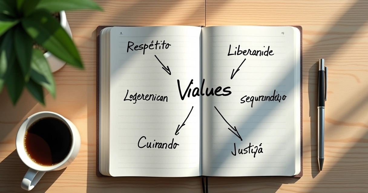 Caderno com palavras sobre valores e setas conectando ideias 