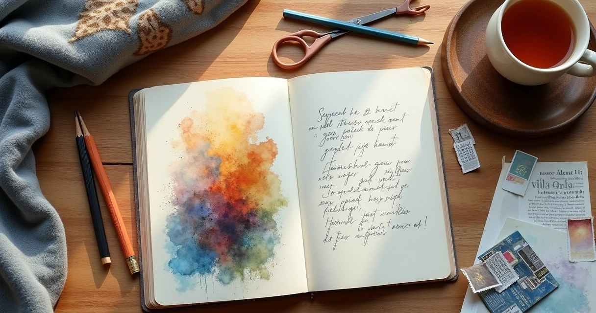 Caderno aberto com pintura abstrata e anotações ao lado