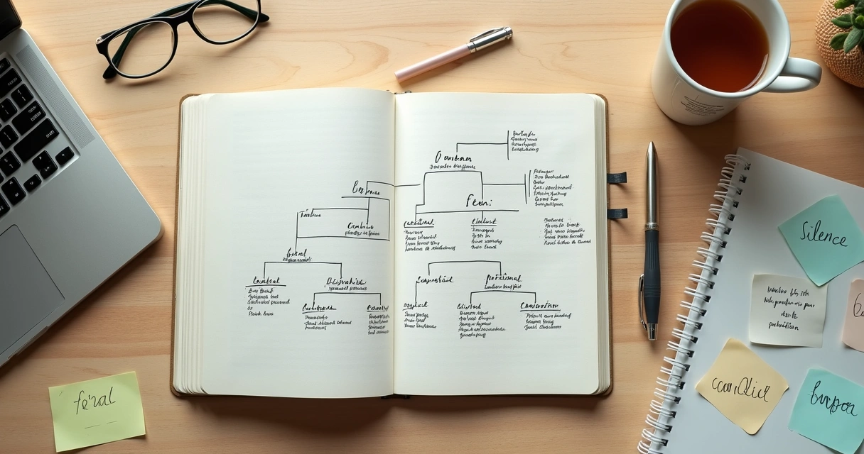 Caderno com anotações e árvore familiar sobre mesa clara 