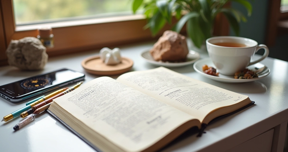 Caderno de astrologia aberto sobre a mesa com anotações e caneta 