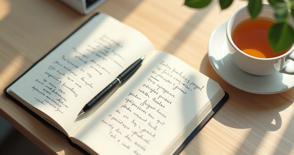 Caderno aberto com anotações e xícara de chá ao lado