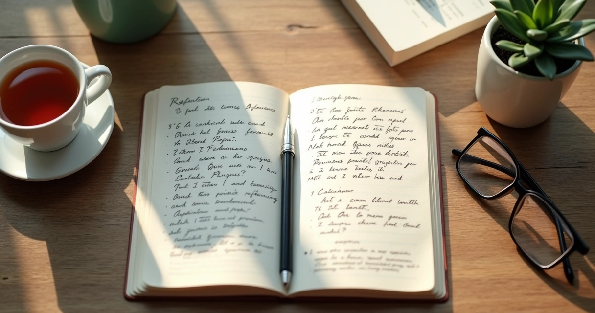 Caderno com anotações de reflexão e xícara sobre a mesa