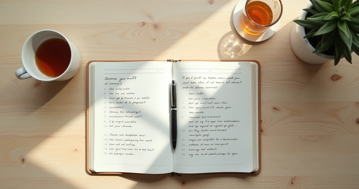 Caderno com perguntas de autoavaliação e xícara sobre mesa clara 