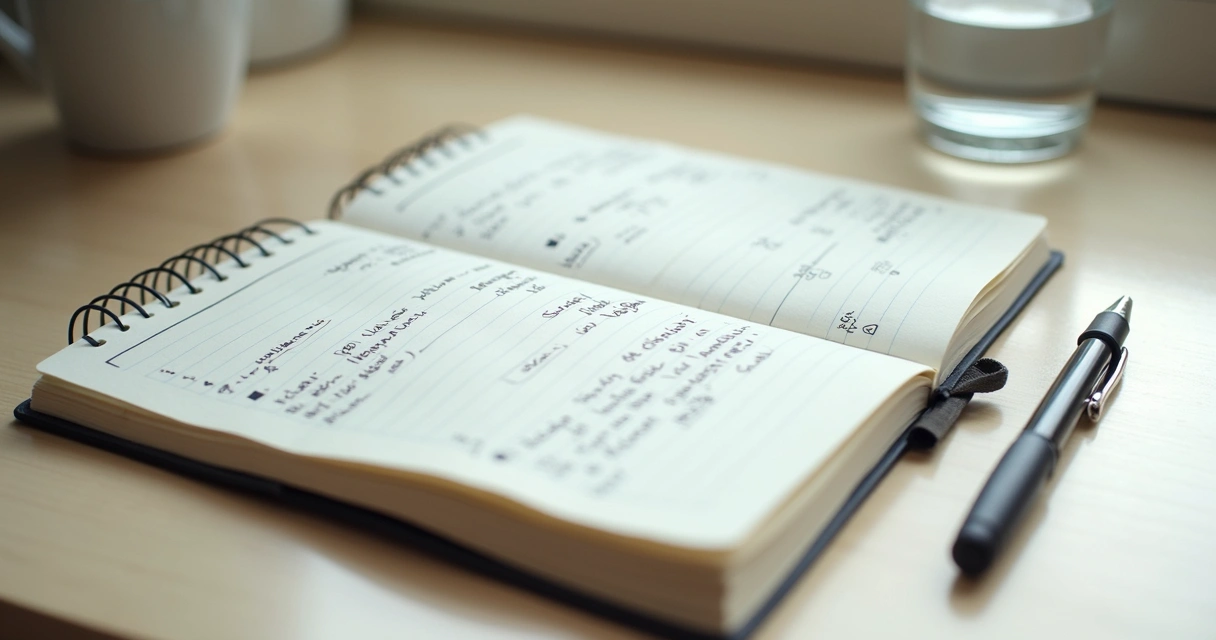 Caderno com anotações emocionais e caneta sobre mesa clara