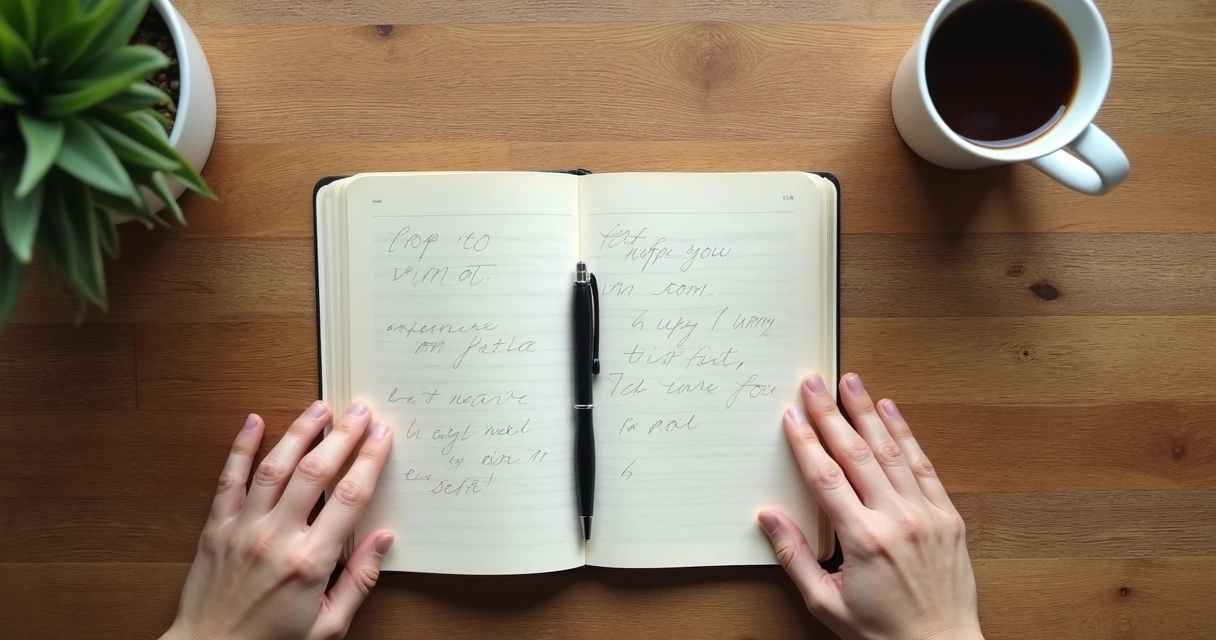 Caderno aberto com anotações e mãos em momento de pausa
